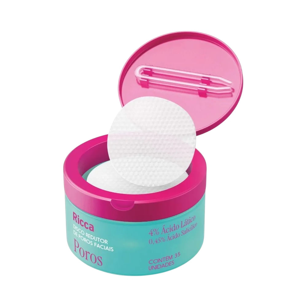 Disco Facial Ricca Redutor de Poros em embalagem azul e rosa aberta